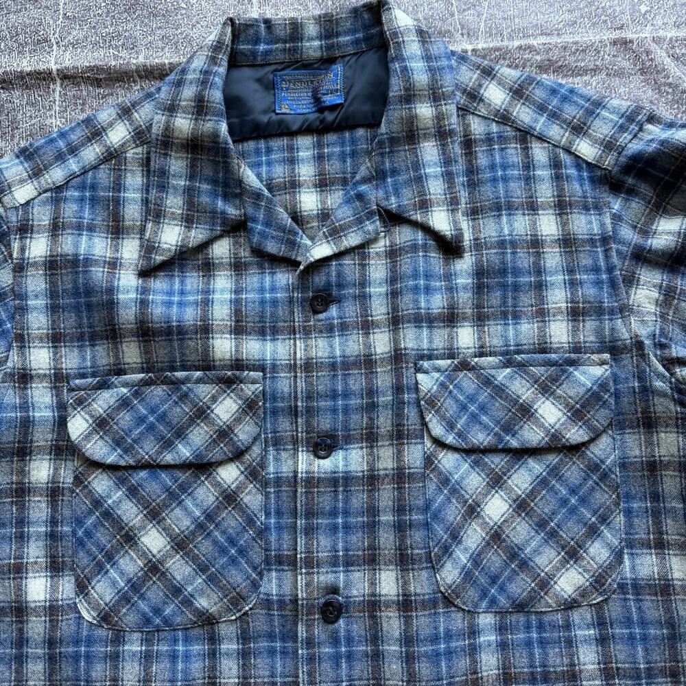 Men's Vintage 70's Pendleton USA Blue Plaid Loop Collar Flannel Board Shirt Sz L - Picture 2 of 6